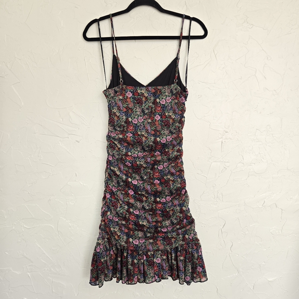 Lulu's Floral Mesh Ruched Green Pink Dress, M - Picture 9 of 14